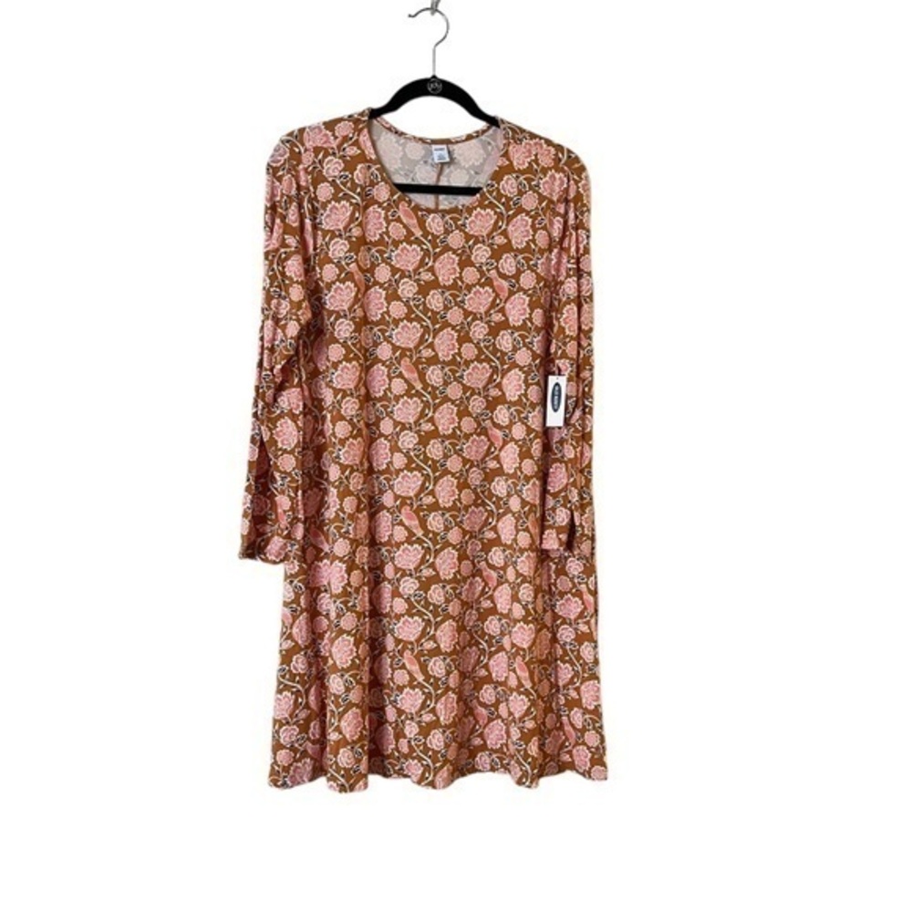 NWT! OLD NAVY Long Sleeve Knit Floral Bird T-Shirt Swing Dress, tan pink